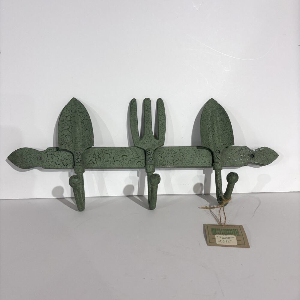 Rustic Crackled Green Park Design Gardeners Tools Wall Hook, 17" long, NWT
